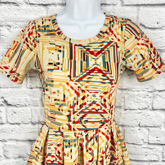 LuLaRoe Amelia Cream Multicolor A-Line Pleated Dress Size XS - Picture 3 of 7
